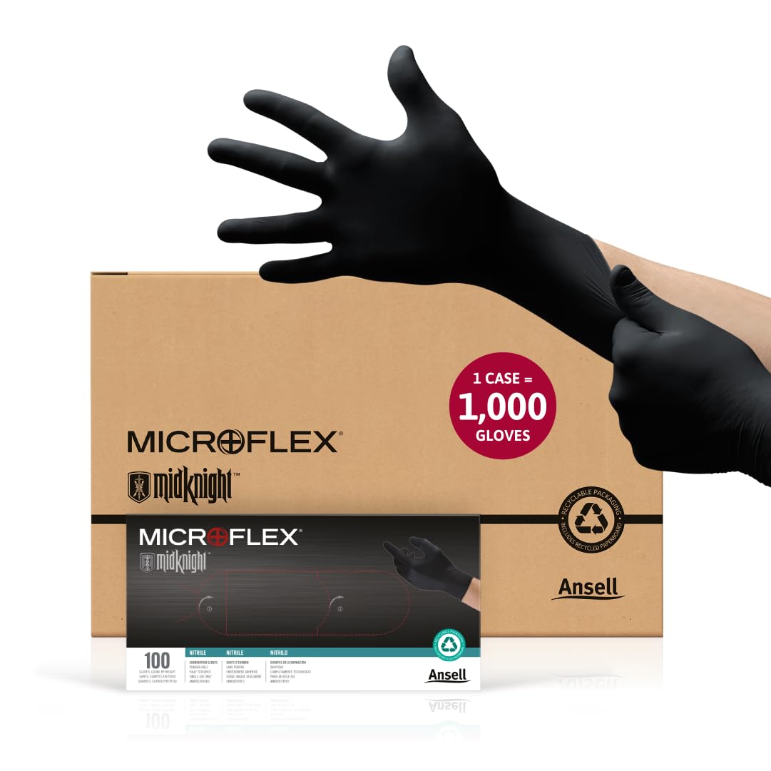 Ansell MICROFLEX MidKnight MK-296 Disposable Nitrile Gloves for Automotive, Law Enforcement w/Full Texture - X-Large, Black (Case of 1000)
