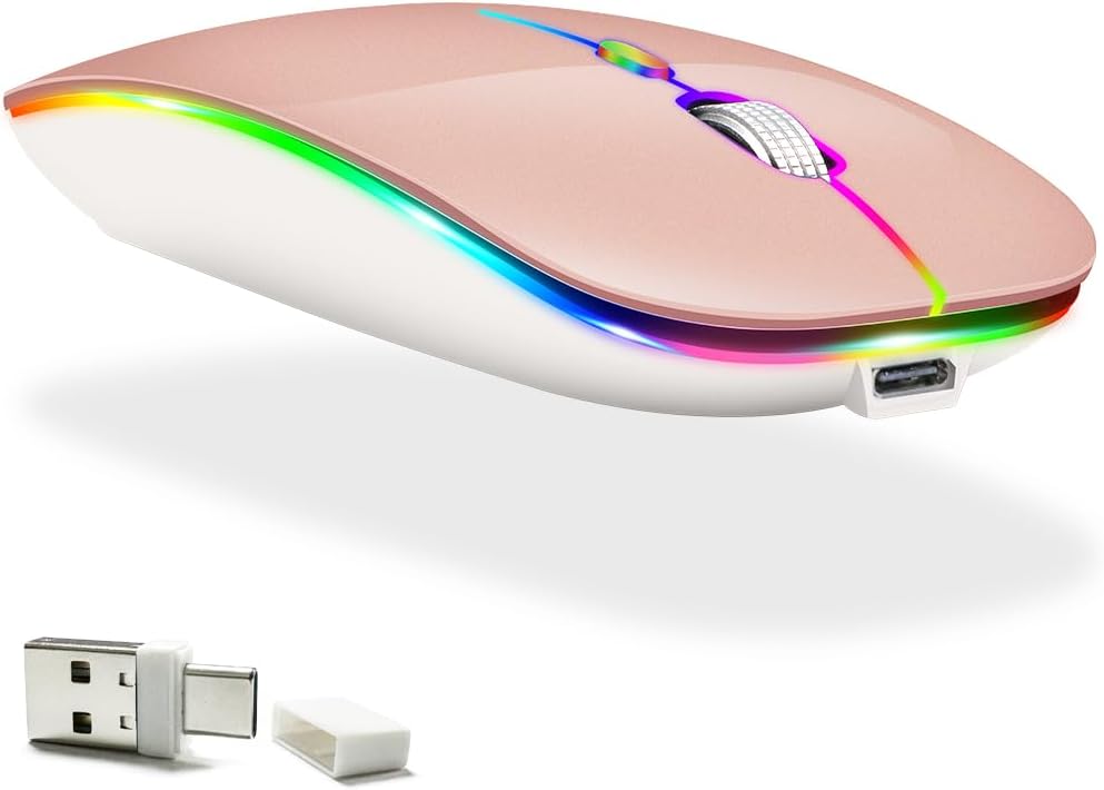KLO (BT5.2+Type-C+USB2.4G) LED Rechargeable Bluetooth Mouse for MacBook/pc/iPad/Laptop/Notebook/Chromebook (Rose Gold)