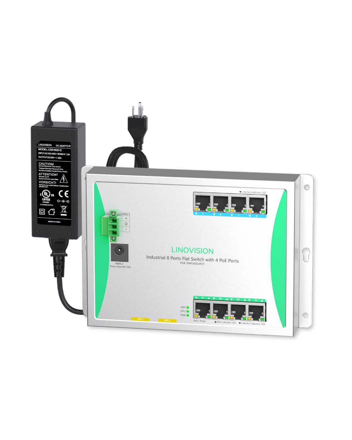 LINOVISION Industrial 8-Port Flat PoE Switch with 4 802.3at PoE+ Ports, Front-Access Design, Dual Power Input, 120W Budget for IP Cameras in Electrical cabinets, Control Boxes, or Outdoor enclosures