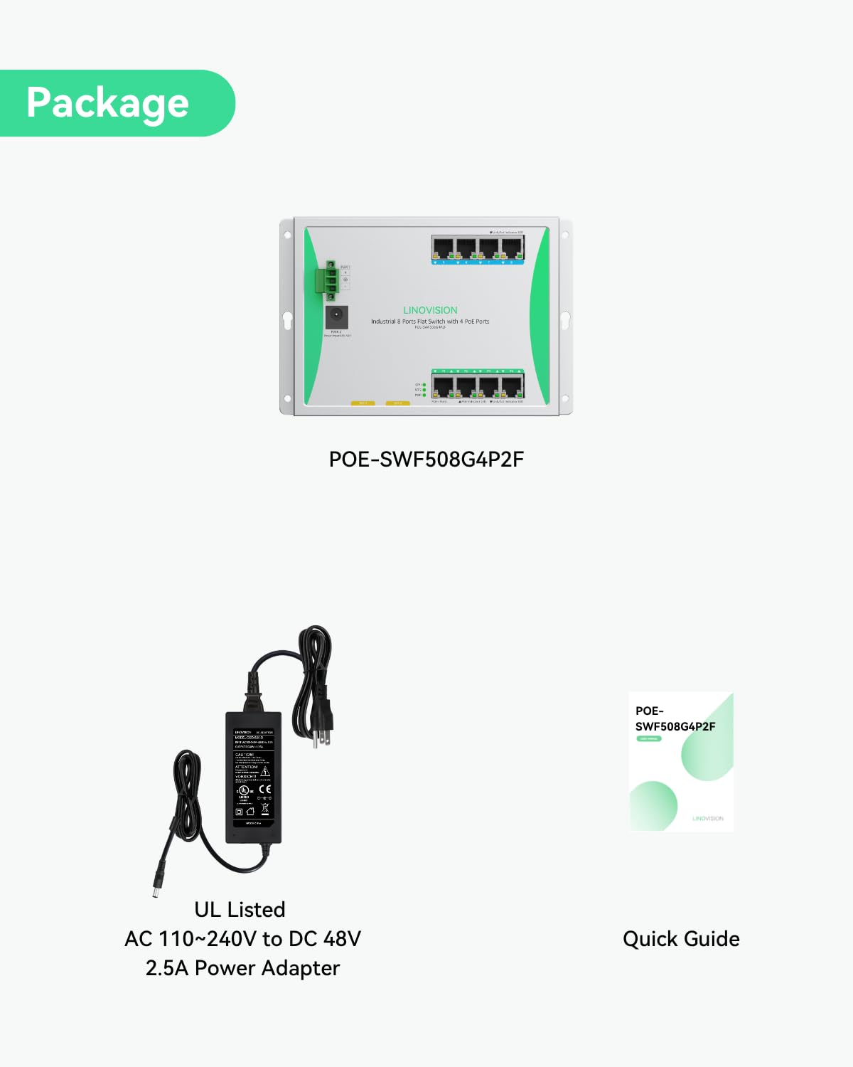 LINOVISION Industrial 8-Port Flat PoE Switch with 4 802.3at PoE+ Ports, Front-Access Design, Dual Power Input, 120W Budget for IP Cameras in Electrical cabinets, Control Boxes, or Outdoor enclosures