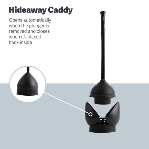 Casabella Toilet Plunger and Hideaway Caddy Combo for Bathrooms, 2-Piece Heavy-Duty Set, Black