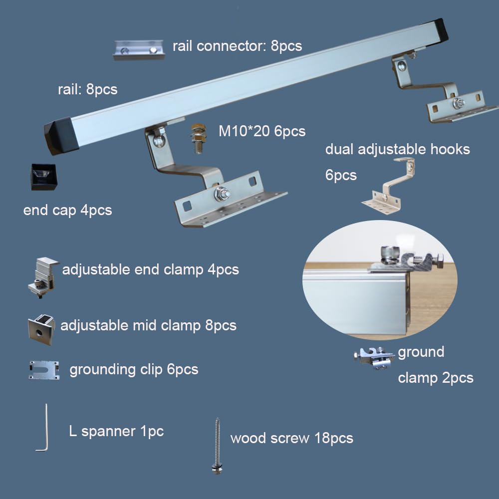 Solar Panel Mounting Bracket Kit to Metal Roof Sloped or Flat Pitched Tile Shingle Roofs for 1-4pcs Solar Panels Dual Adjustable