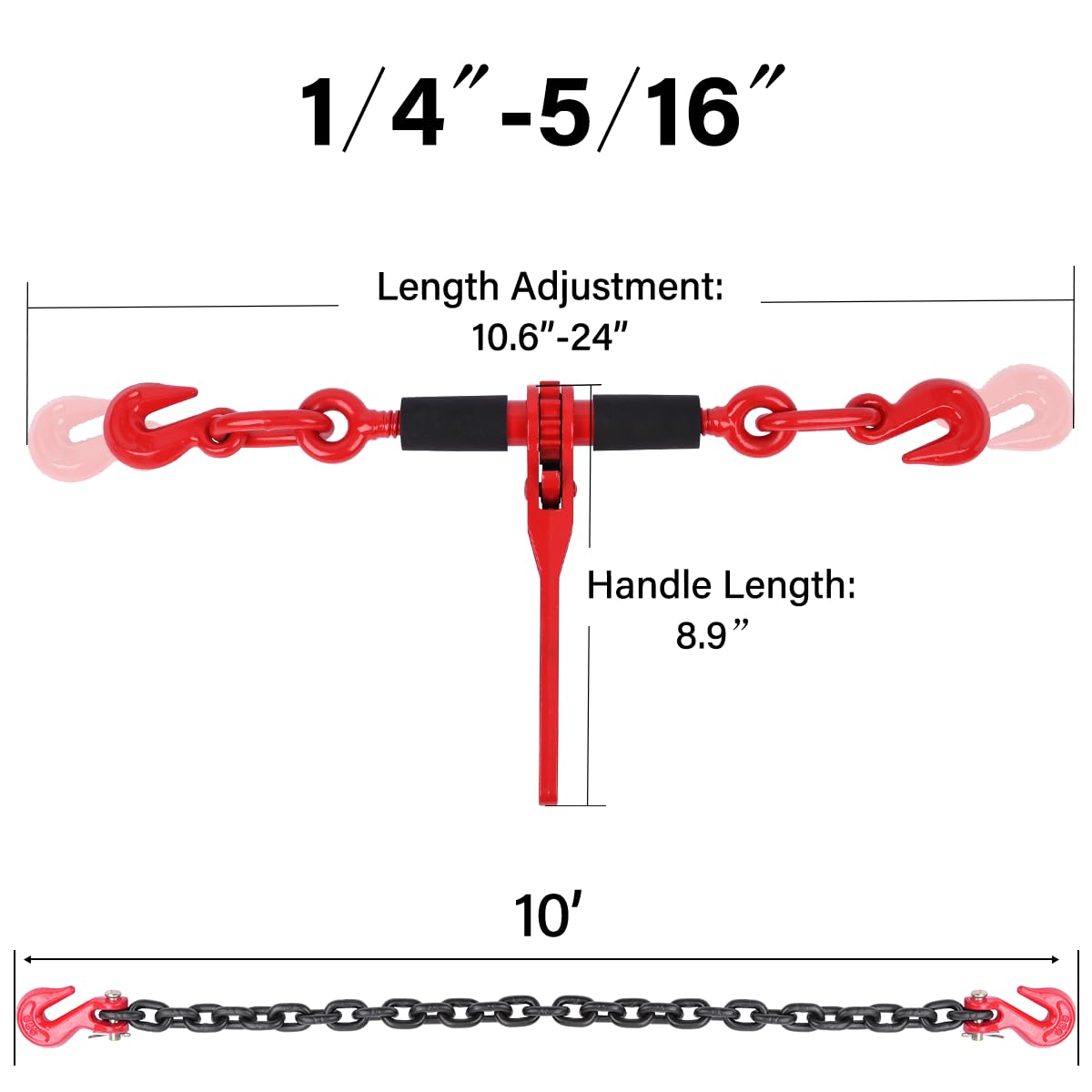 Lenchanse Chain and Binders Kit 1/4in - 5/16in 4 Set, Grade 80 1/4'' - 5/16'' Ratchet Load Binders Equipped with G80 Chains 1/4" × 10 feet and G80 Chain Hooks, 2,200lbs Working Load Tie Down Kit