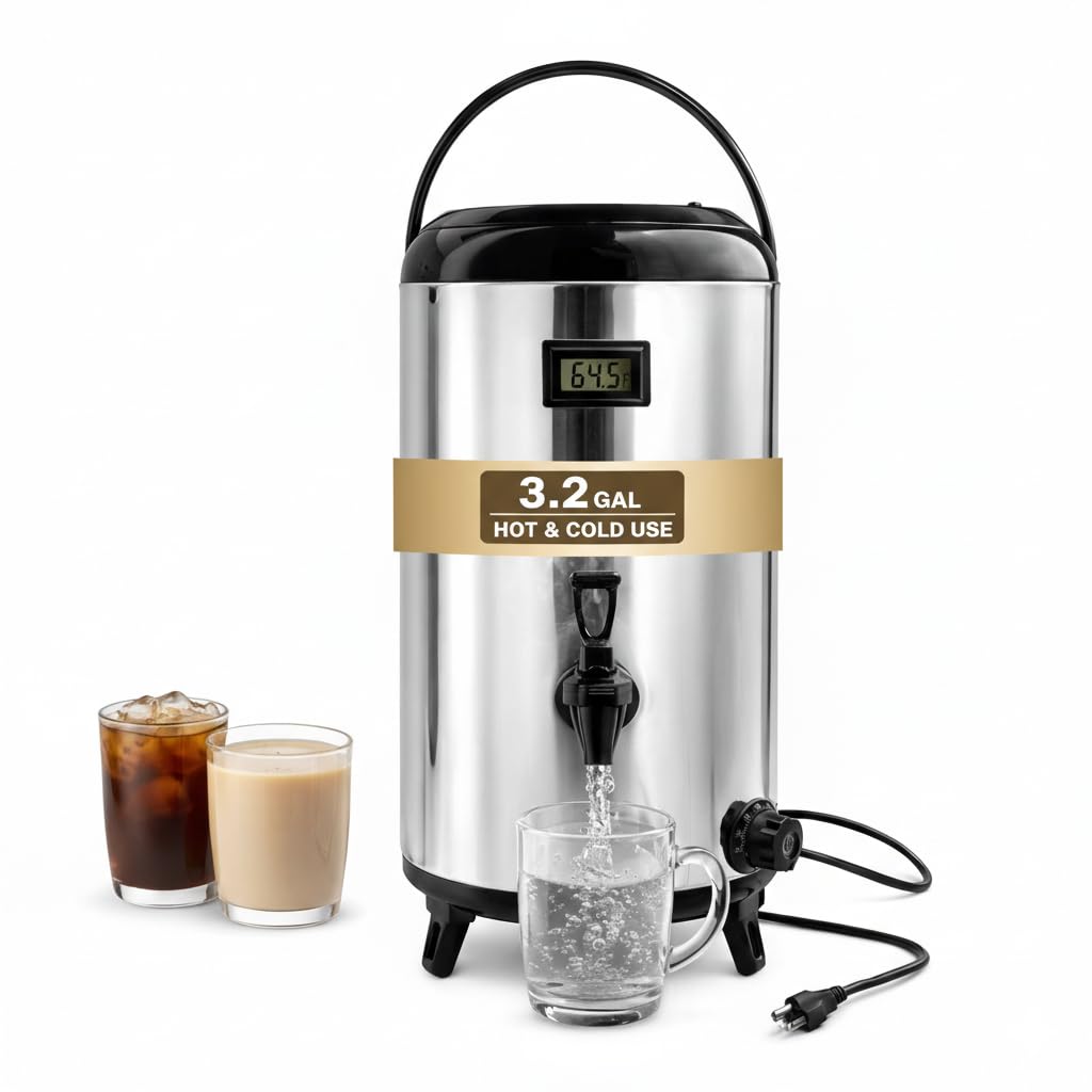 Electric Hot Drink Dispenser with Temperature Display & 304 Stainless Steel Heating Plate, 12L / 3.2 Gallon Heated Beverage Dispenser with Spigot for Milk Tea, Coffee & Water