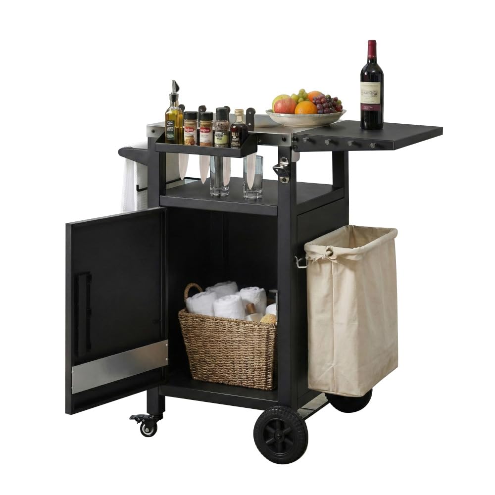 Dfchlda 33.9" Outdoor Grill Cart with Stainless Steel Top, Foldable Table, Storage Cabinet, Pizza Oven Table on Wheels, Hooks & Spice Rack for BBQ, Waterproof Cover Included, Black