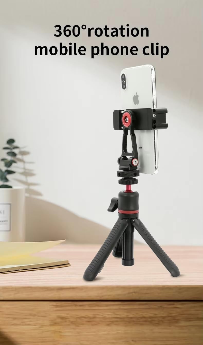 Reflex Camera 1/4"-20 Premium Universal Aluminum Phone Clamp Tripod Mount with Twin Cold Shoe, Screw Mount for Easy