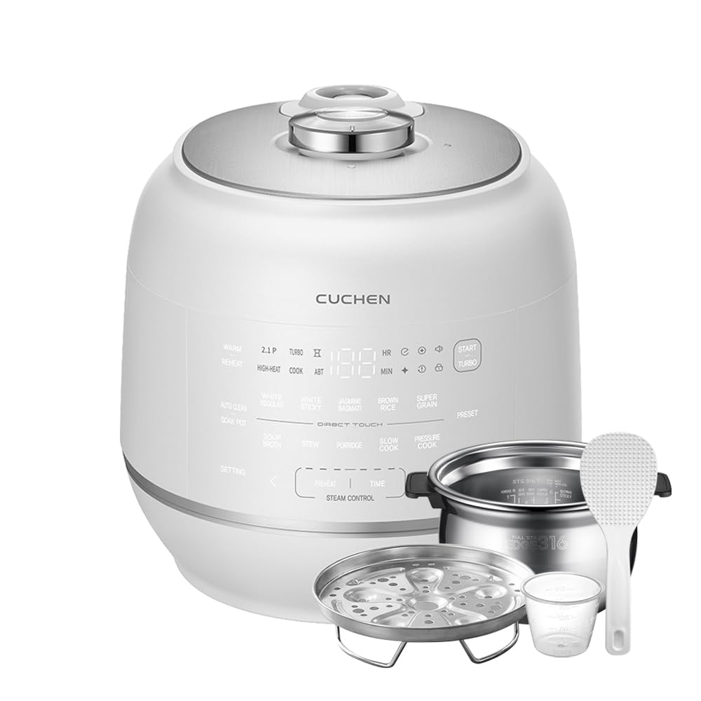Cuchen IH Pressure Rice Cooker 6 Cup - 2.1 Bar Ultra High-Pressure Cooker for Multi-Grain & White Rice - 316Ti Stainless Steel Inner Pot, Induction Heating, Made in Korea, White, CRT-RPD0610IEWUS