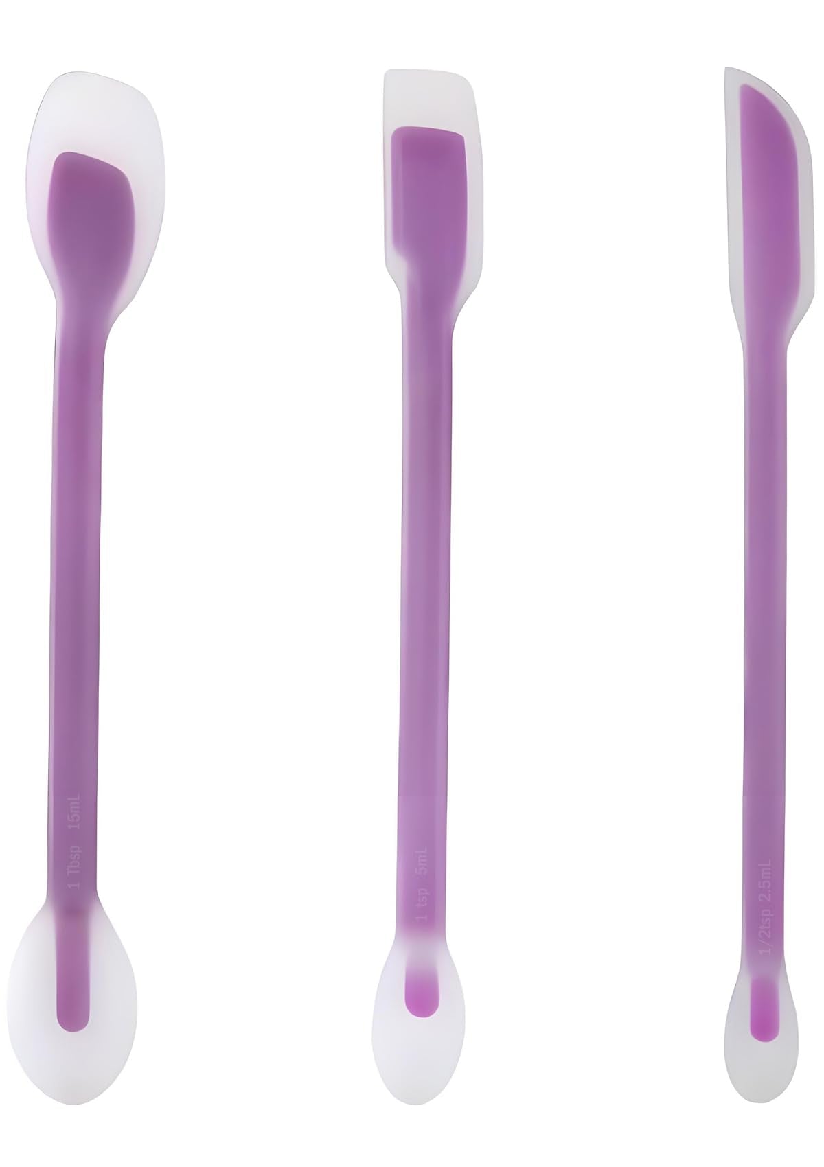 Silicone Dual-Ended Spatula Spoon Set of 3 – Long Handle Jar Scraper & Measuring Spoon with Scale (1 Tbsp, 1 Tsp, 1/2 Tsp) – for Jam, Baking, Cooking, Peanut Butter (purple)