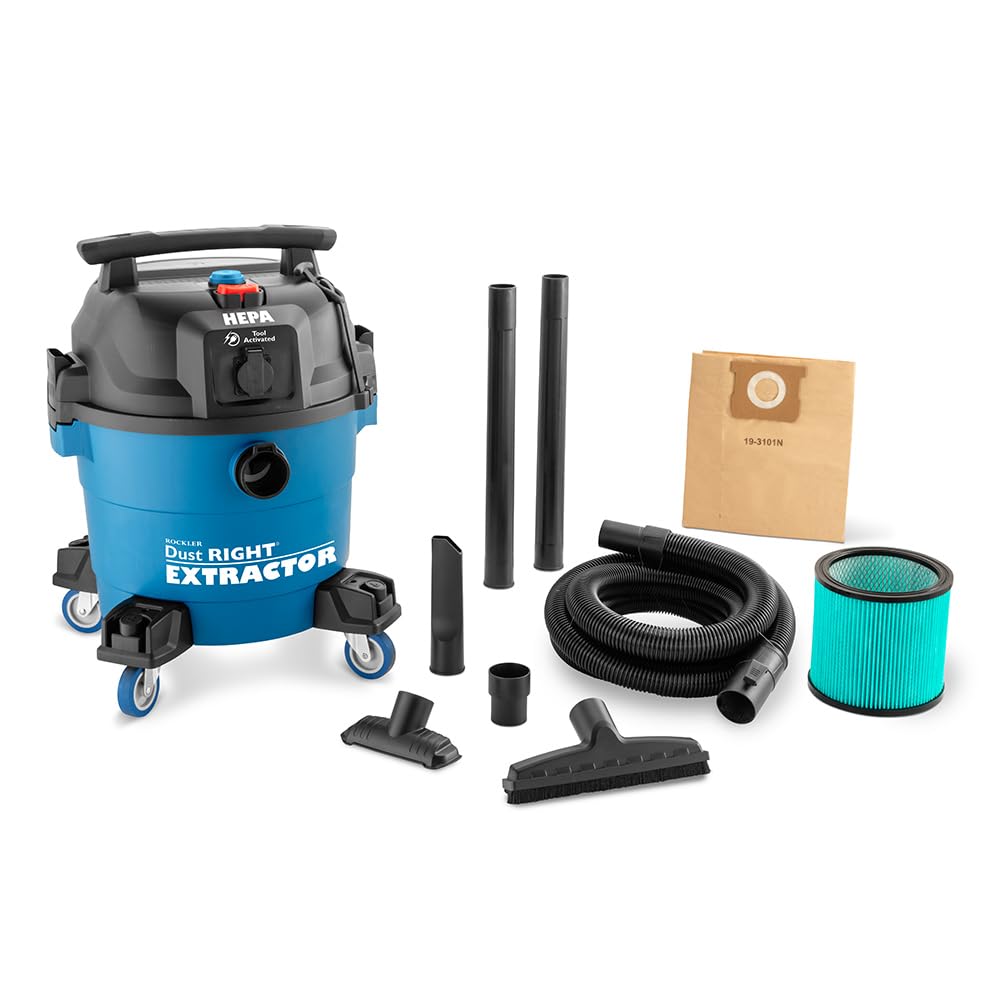 ROCKLER 9 Gal HEPA Dust Collector - Power Tool Activated Shop Dust Collection System for Dislodging Debris - Heavy Duty, Washable, & Portable Shop Vaccum to Capture Debris from Different Tools