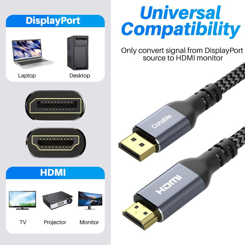 4K 15FT, 4K@60Hz 4K@60Hz 2K@120Hz 1080P DisplayPort to HDMI Cable HDR, High Speed Active Display Port to HDMI Cable UHD