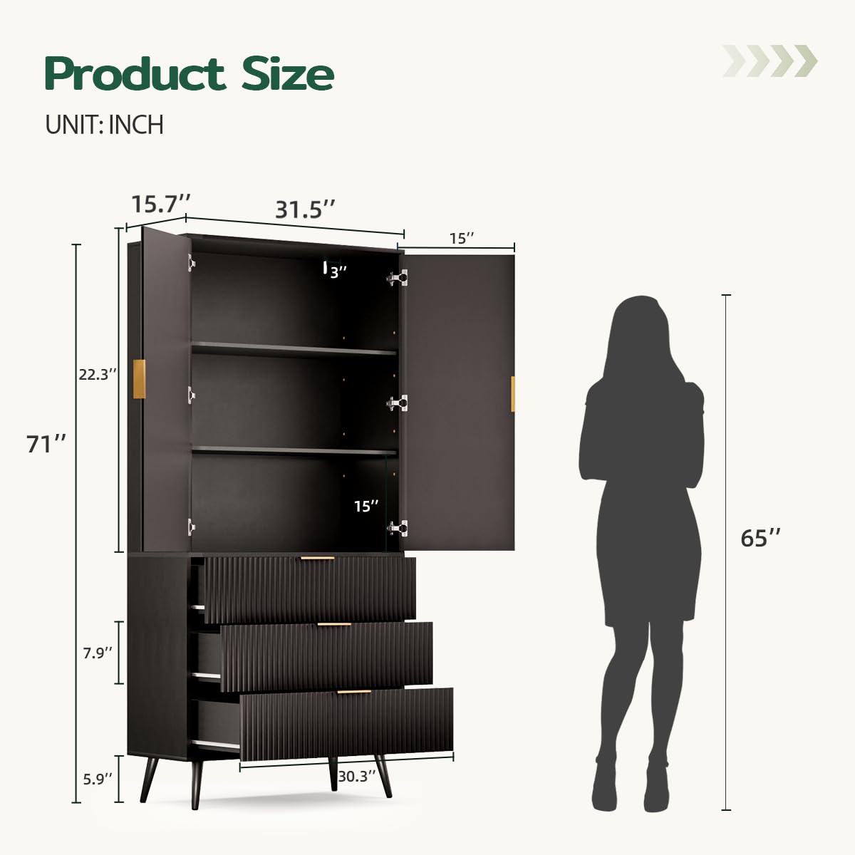 Topcomfy Tall Fluted Cabinet, Kitchen Pantry Cabinet with 2 Doors & Adjustable Shelves, Mid Century Modern Cabinet for Living Room, Dining Room, Entryway, Office, Black