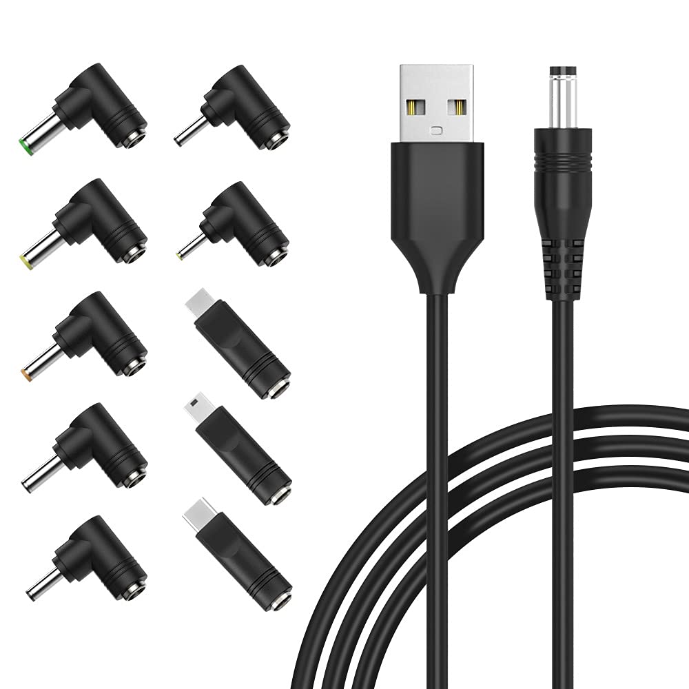 10-in-1 5V 5.52.1mm 5FT Belker Universal DC Power Cable,USB to DC Plug with Type-C, Micro USB, Mini USB and More