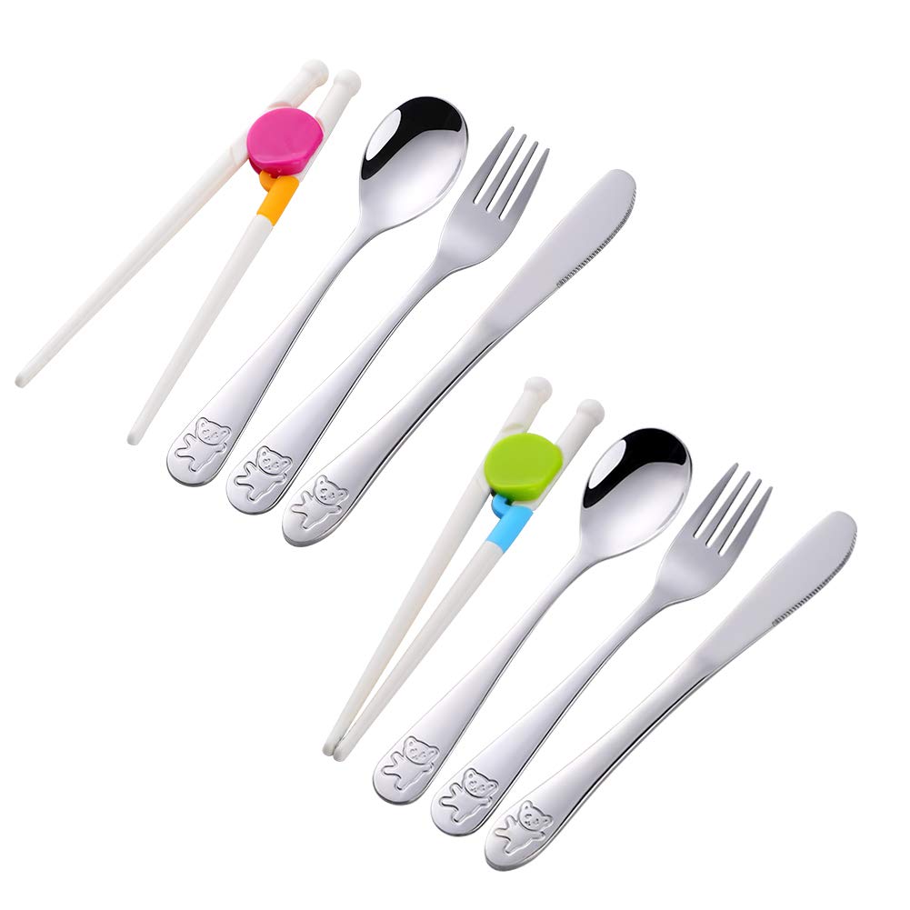 Poylim Stainless Steel Kids Utensils with Training Chopsticks | Toddler Silverware | Kids Silverware | Spoon + Fork + Knife + Chopsticks set | 4-12 Years+ | 8 Pieces | Dishwasher Safe