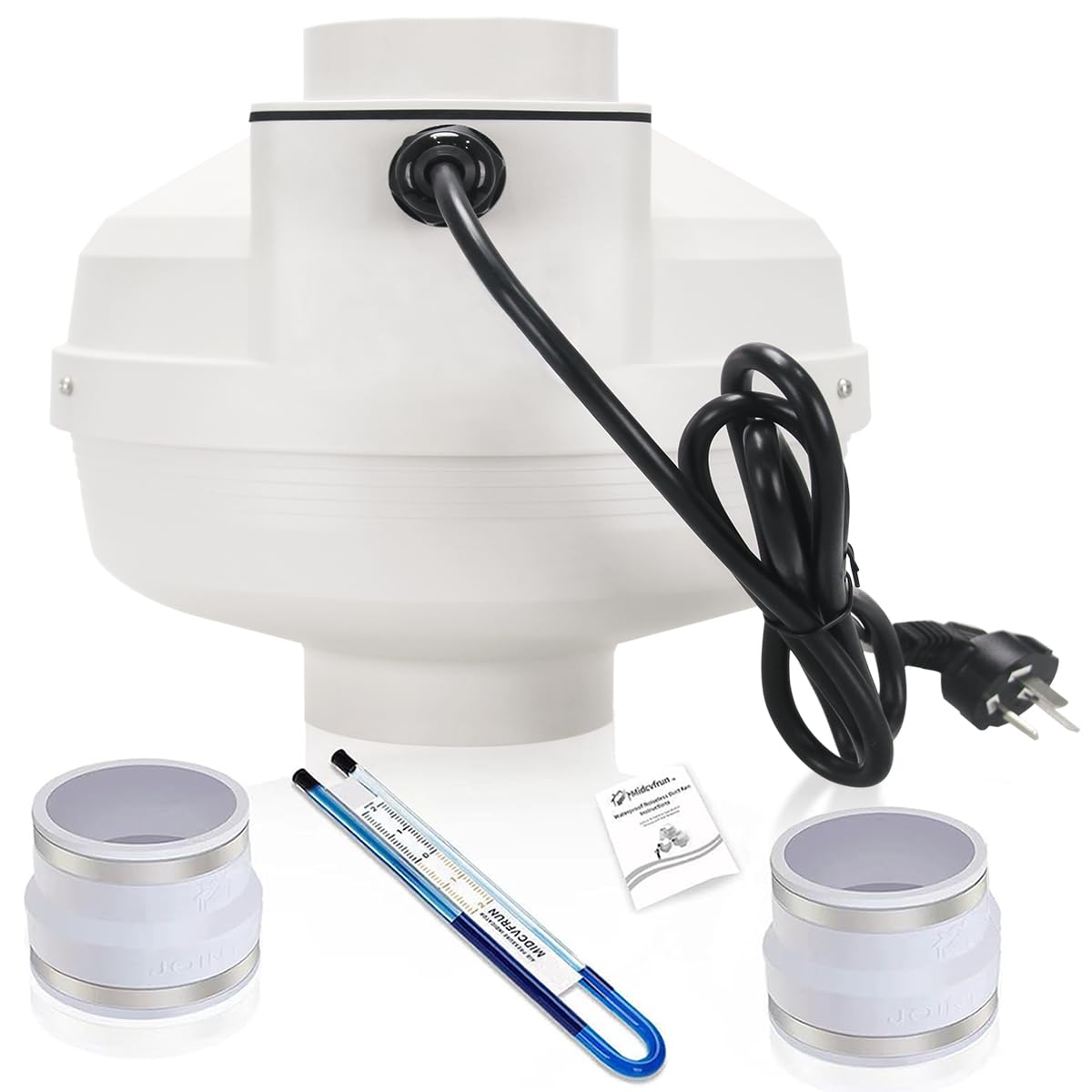 MIDCVFRUN 4 inch Radon Mitigation System Kit - 2 Speed Radon Fan 220/158CFM Ultra Quiet Inline Duct Fan with Rubber Couplers (4 inch x 3 inch) and Air Pressure Indicator