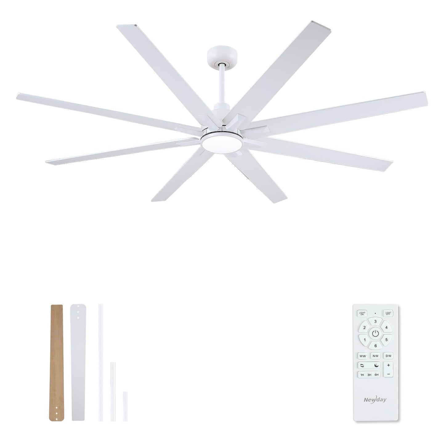Newday 72 inch Large Ceiling Fans with Lights and Remote, Indoor/Outdoor White Ceiling Fan for Living Room Patio, 6 Speeds Silent Reversible DC Motor, 3CCT, Timer, 3 Downrods, 8 Blades