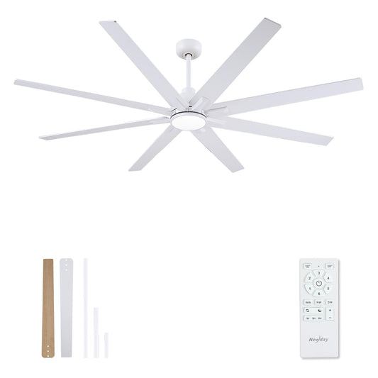 Newday 72 inch Large Ceiling Fans with Lights and Remote, Indoor/Outdoor White Ceiling Fan for Living Room Patio, 6 Speeds Silent Reversible DC Motor, 3CCT, Timer, 3 Downrods, 8 Blades