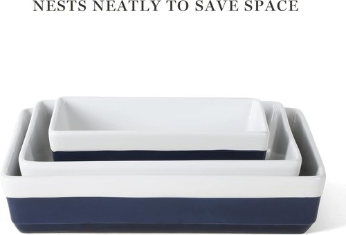 Martha Stewart 3-Piece Stoneware Bakeware Set - Durable Cobalt Blue Baking Dish & Casserole Set