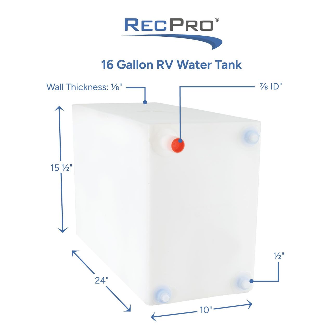 RecPro RV Fresh Water Tank 16 Gallon for Drinking and Potable Water | 24" x 10" x 15.5" | Fresh or Gray Water Plastic Storage | Made in America