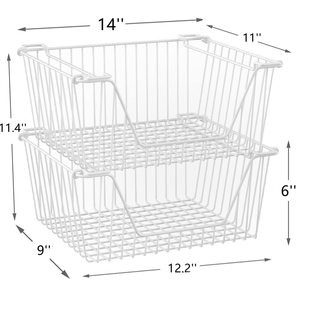 blitzlabs Stackable Wire Metal Baskets Large Capacity Kitchen Freezer Bins for Pantry Cabinet Fruit Vegetable Snacks Organization, White, Set of 4
