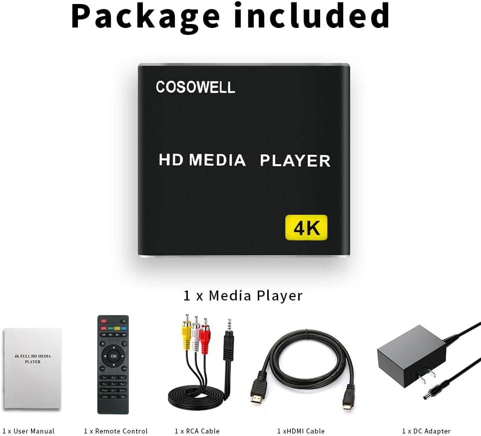COSOWELL 4K H.265 H.264 MP4 MP3 Media Player for USB Drive & SD, Ultra HD Digital Signage Player with HDMI/AV Output