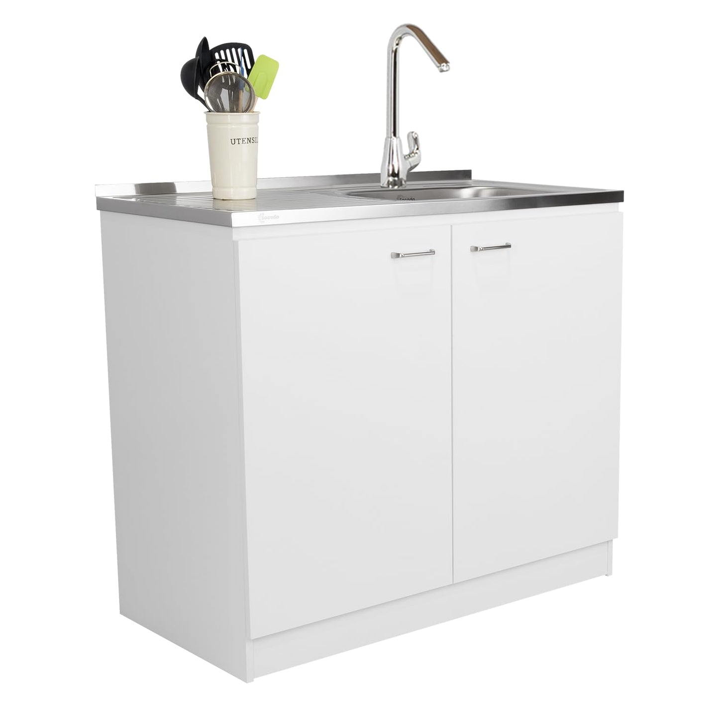 Tuhome Napoles Utility Sink Base Cabinet with Integrated Stainless Steel Countertop, Freestanding Cabinet with Double Doors, Interior Shelf for Laundry Room, Utility Room, Mudroom or Kitchen