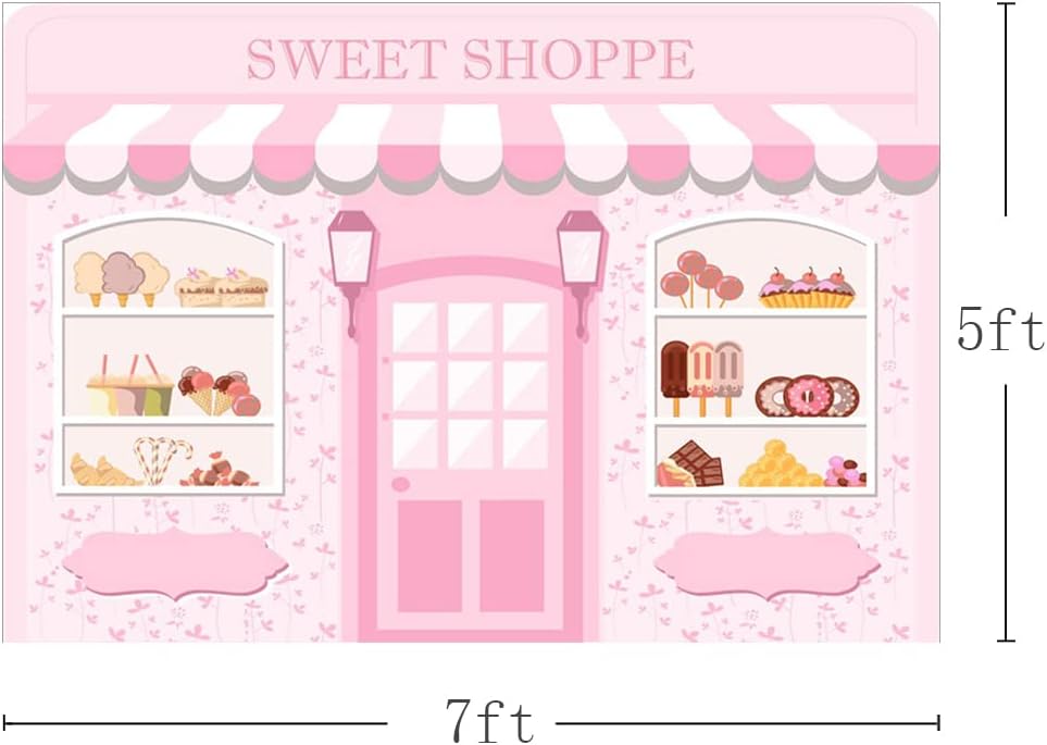 MEHOFOND 7x5ft Pink Sweet Shoppe Backdrop Dessert Parlor for Girls Birthday Photography Background Kids Party Banner