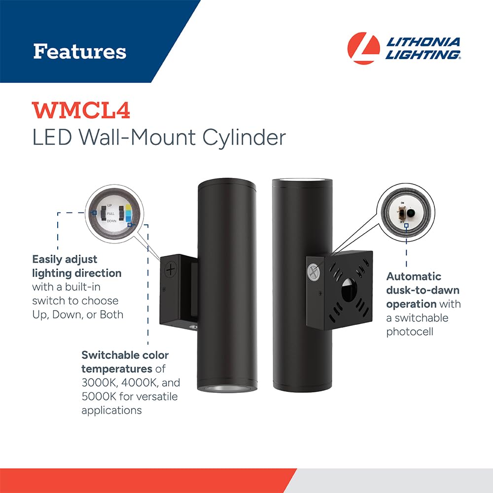 Lithonia Lighting WMCL 4 Inch LED Outdoor Wall Light, Modern Cylinder Outdoor Wall Sconce with Up/Down/Both Beam Direction, Selectable White Color, Photocell Dusk-to-Dawn, 45-Degree Beam Spread