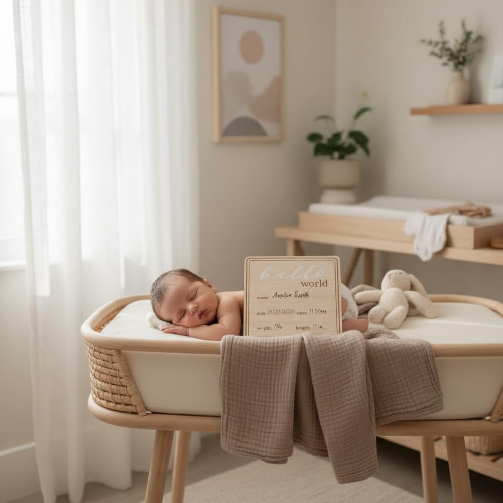 Kate & Milo Wooden Hello World Birth Announcement Photo Prop, Newborn Milestone Sign with Birth Details for Hospital
