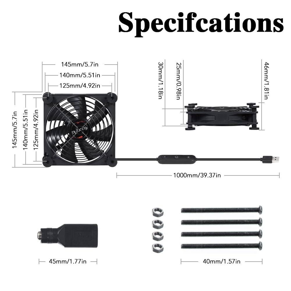 xiaoqijia 140mm 10 5V 12V IPX5 Quiet Fan with Speed USB Fan DC Waterproof Fan PC Fan Portable Cooling Fan for Tablet TV