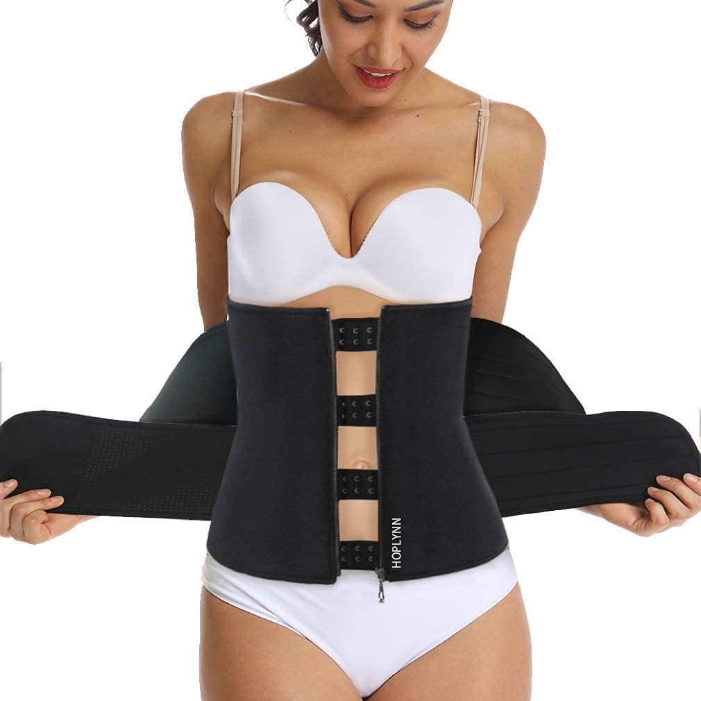 HOPLYNN Sweat Waist Trainer for Women Two Belts, Neoprene Workout Corset Waist Trainer Cincher Trimmer Shaper Zipper Black XX-Large