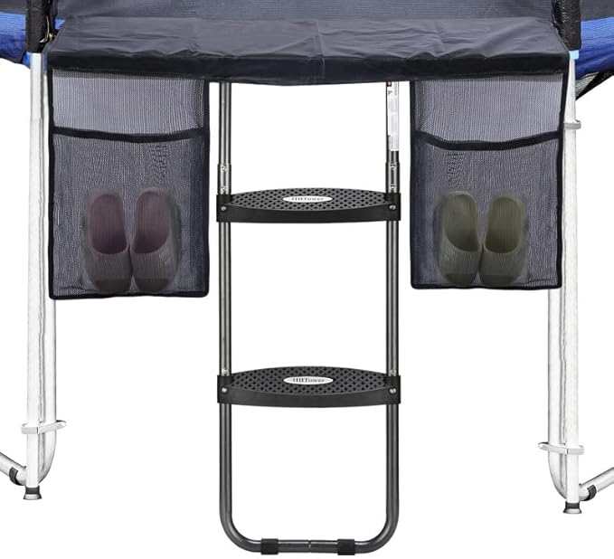 HBTower Trampoline Ladder, 2 Steps with Wide Steps, Trampoline Storage Bag, Universal Hook, 220 lbs Capacity Trampoline Accessories for Children Kids, Black
