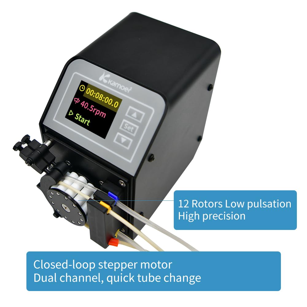 Kamoer M0-KMC Dual Channel 0-10.3ml/min (One Channel) Low Flow Adjustable High Precision 24V Closed Loop Stepper Motor Peristaltic Pump Liquid Dosing Pump for Laboratory with RS485 Control