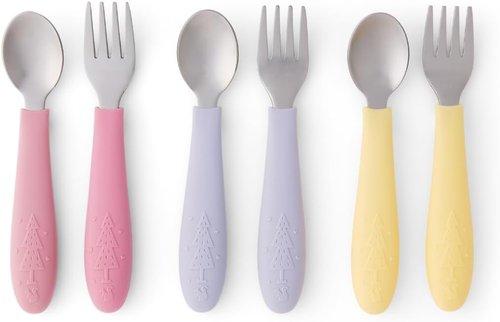 Elk and Friends Kids Silverware Set - Safe Silicone Handle Toddler Utensils | 6-Piece Stainless Steel Flatware