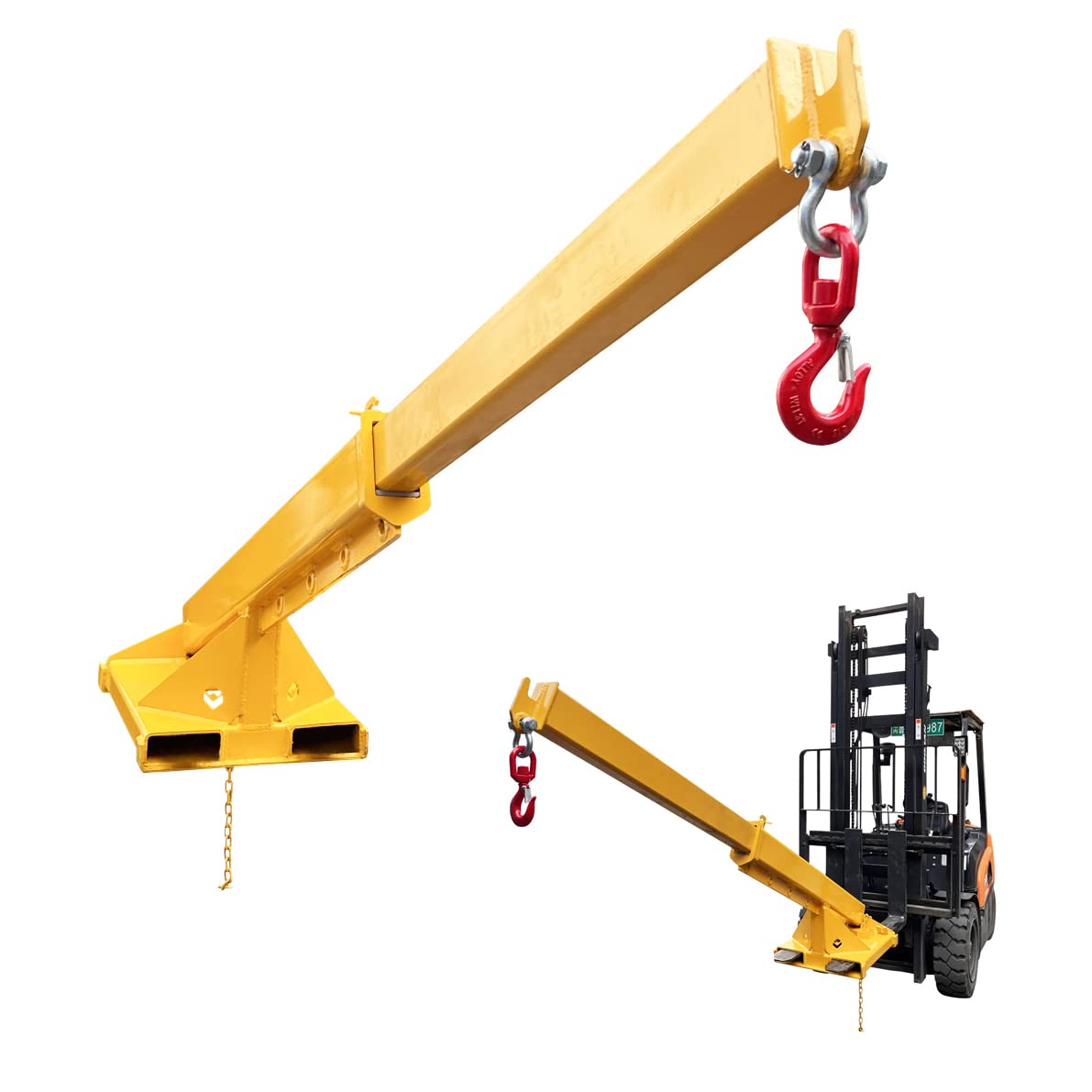 INTBUYING 3-Ton Forklift Jib Boom Crane, Telescopic Forklift Hook Attachment with Dual-Fork Design, 63-98in Adjustable Boom, Carbon Steel Truss Hoist Jib Booms for Lifting, Towing & Material Handling