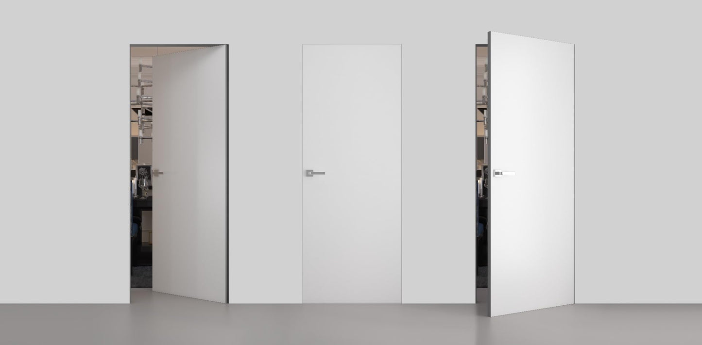 SARTODOORS Interior Invisible Solid Hidden Door with Handle | Planum 0010 Primed with Silver Hidden Frame 30" x 96" Right-Hand Inswing | Concealed Hinges Lock Handle | Modern Wood Frameless Doors