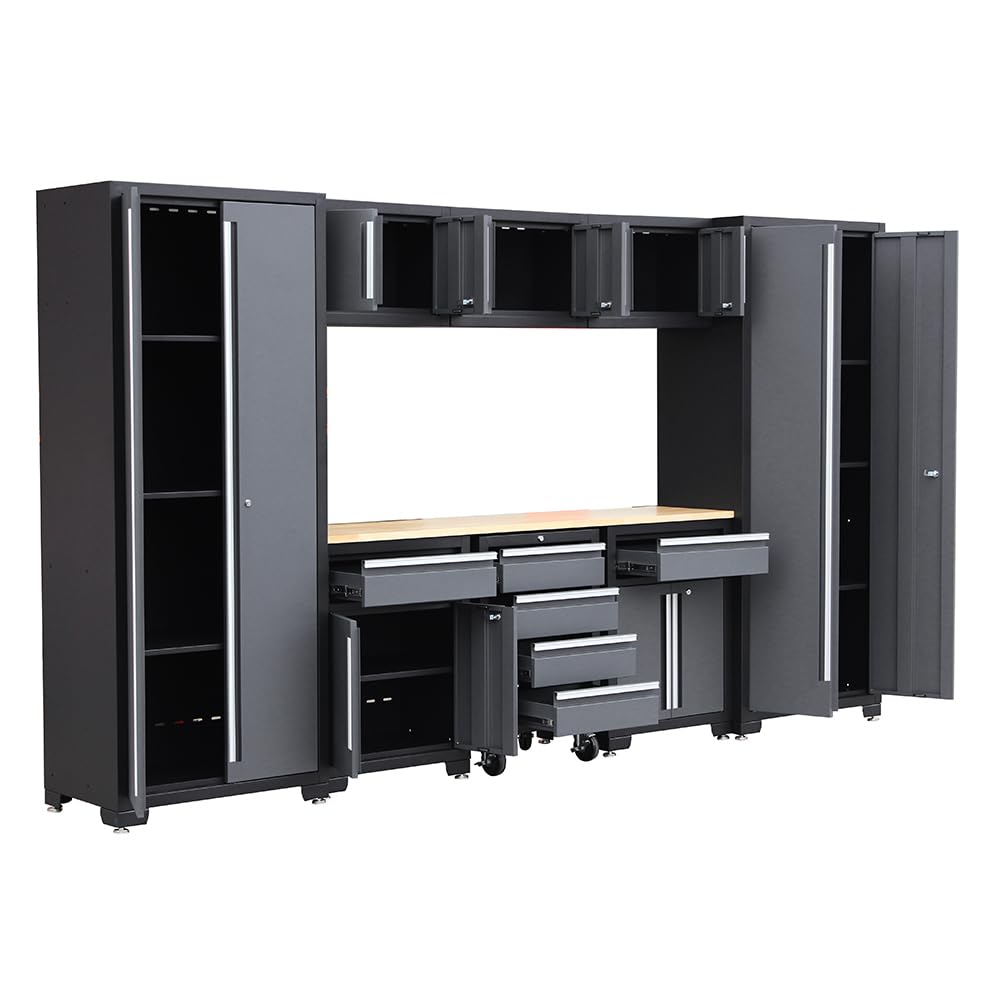 HPDMC 9-Piece Steel Garage Storage Cabinet System with Wooden Work Top, 130 in. L x 18 in. D x 76 in. H Assembled Workshop Chest Cabinet Set in Charcoal Gray