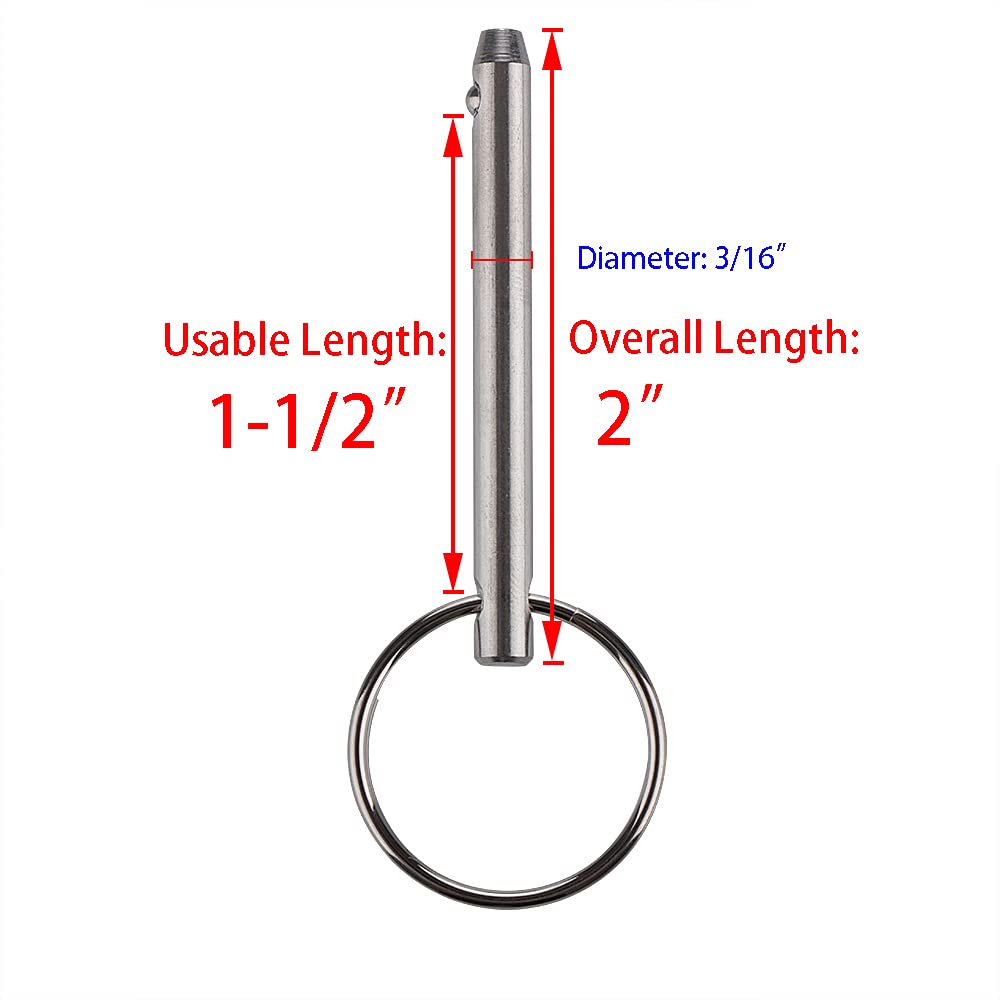2 Pack Quick Release Pin, Diameter 3/16"(4.8mm), Overall Length 2"(51mm), Usable Length 1-1/2"(38mm), Full 316 Stainless Steel, Bimini Top Pin, Marine Hardware