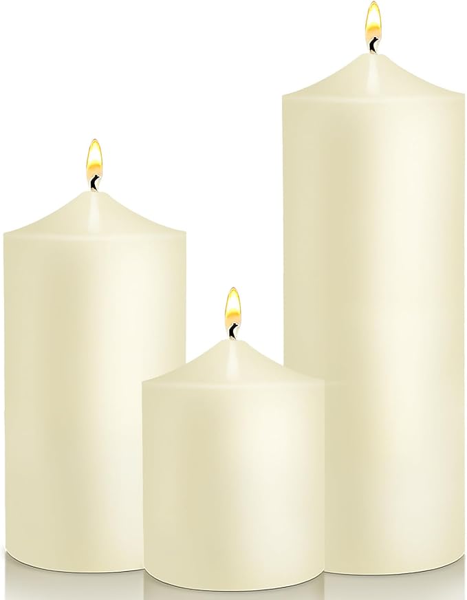 Pillar Candles 3 x 4, 6, and 8 inches, Large Handmade Candles Set of 3, Ivory Decorative Candles for Wedding, Home Decoration, Dinner, Church