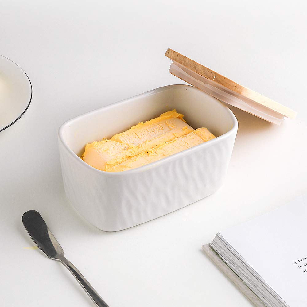 KOOV Porcelain Large Butter Dish with Lid, Airtight Butter Container with Oak Lid, Perfect for 2 Sticks, Texture Series (White)