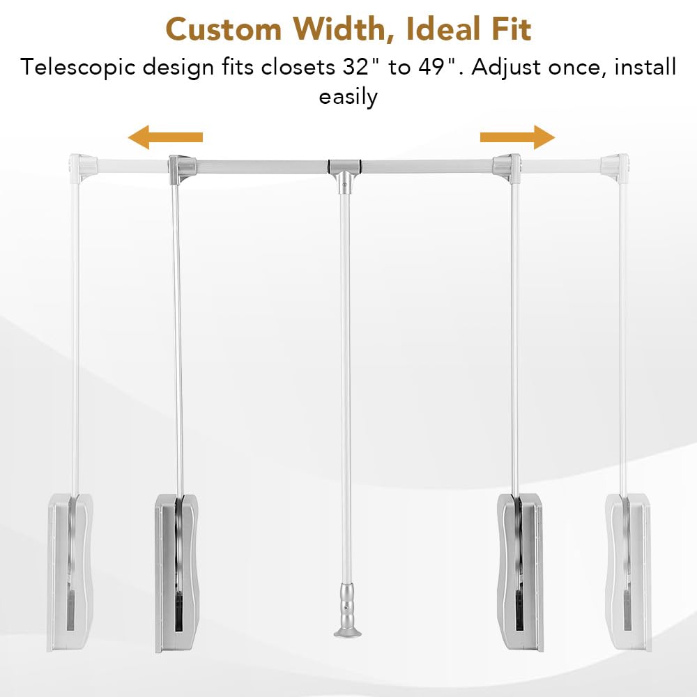 Greensen Adjustable Pull Down Closet Rod, Heavy Duty Aluminum Wardrobe Rail, Retractable Clothes Hanger Organizer, 32.7 to 45 Inches