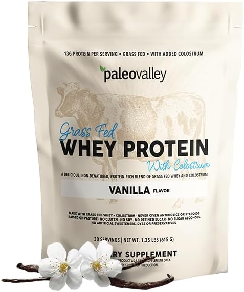 Paleovalley 100% Grassfed Whey Protein Powder with Colostrum, 13g Protein, Vanilla, Muscle Building, Immune Support, Gut Health
