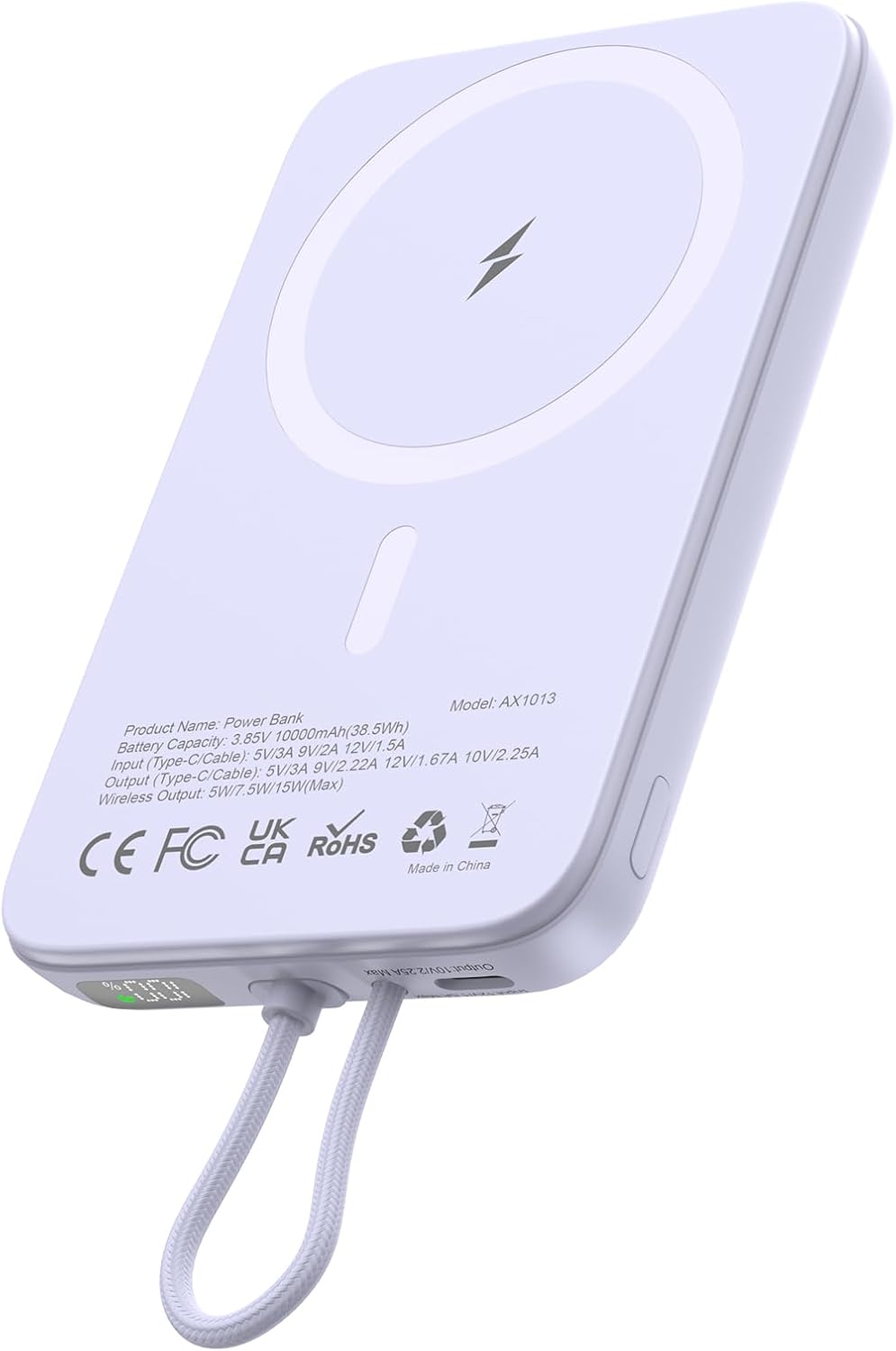 AsperX 10000mAh Pack 17/16/15/14/13/12 Magnetic Power Bank, Magnetic Portable Charger with USB-C Cable and Smart LCD