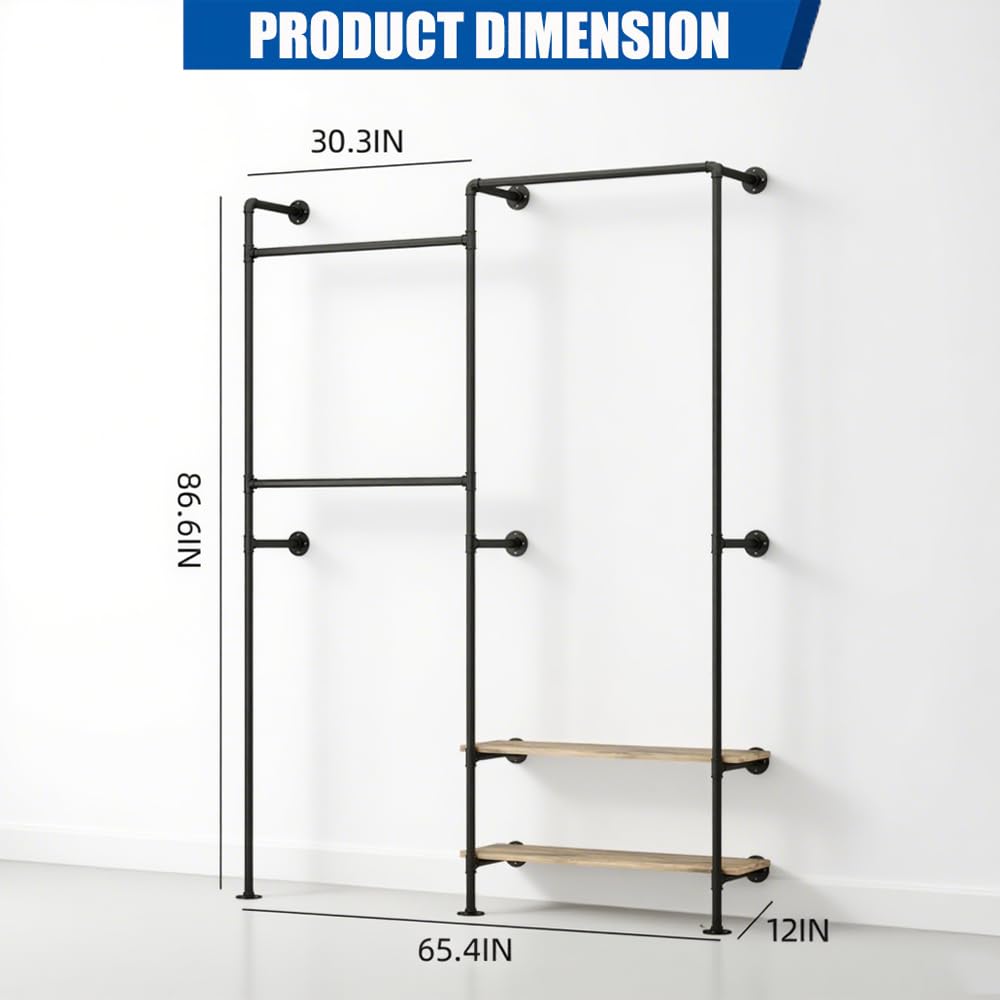 KaKaBB Industrial Pipe Wall-Mounted Clothing Rack with Double Hanging Rods & Shelves - Heavy Duty Storage for Wardrobe, Bedroom, Walk-In Closet (Black)