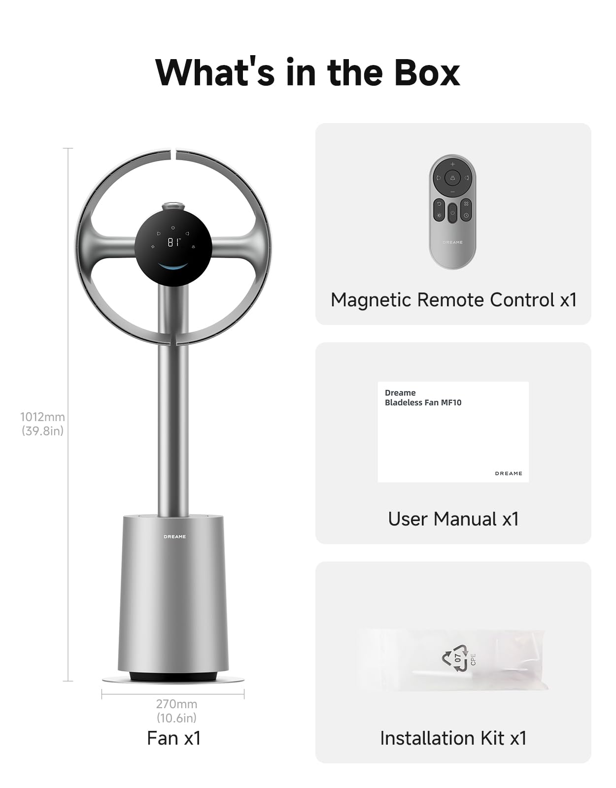 DREAME Bladeless Tower Fan for Bedroom, Smart Standing Fan with 270° Spatial Airflow for Whole-Room Circulation, 59ft/s High Velocity, 10 Speeds 3 Modes, Temperature-Adaptive Airflow, MF10-Silver