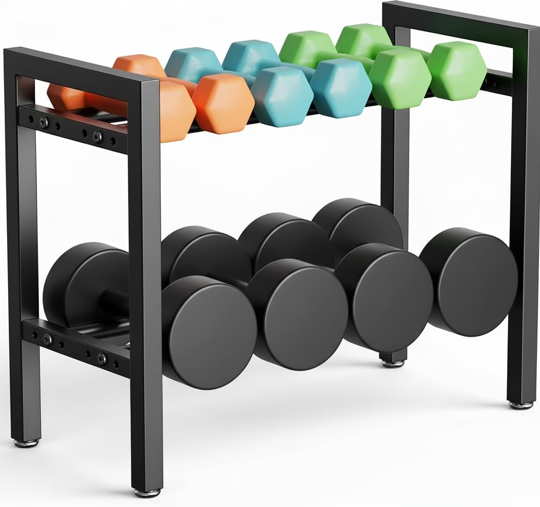 Kynbnire Dumbbell Rack, Adjustable 2-Tier Weight Rack for Home Gym, Compact Small Dumbbell Storage Rack for Dumbbells, Kettlebells and Weight Plates