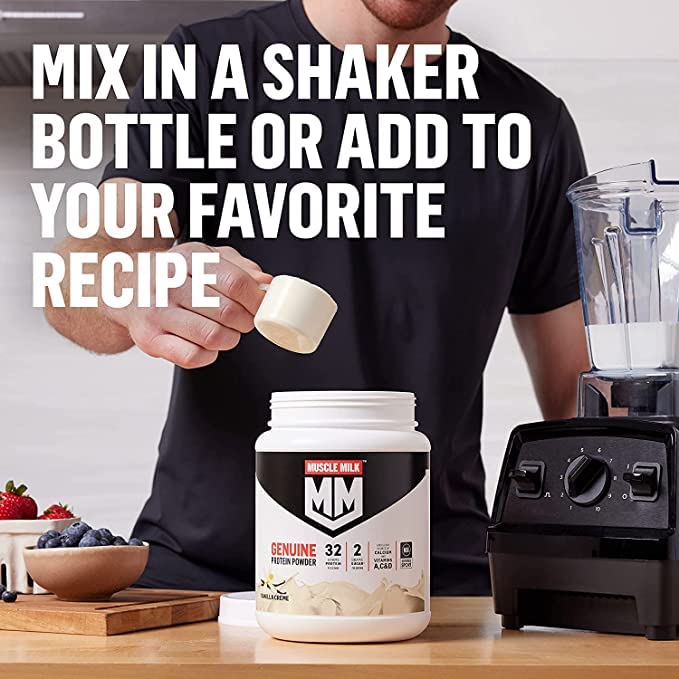 Muscle Milk Genuine Protein Powder, Chocolate, 4.94 Pound, 32 Servings, 32g Protein, 2g Sugar, Calcium, Vitamins A, C & D, NSF Certified for Sport, Energizing Snack, Packaging May Vary