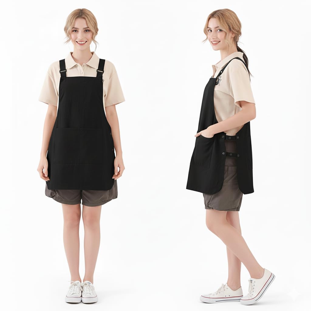 NEWGEM Adjustable Waterproof Apron with 3 Pockets for Women Cooking Painting Baking Gardening Black
