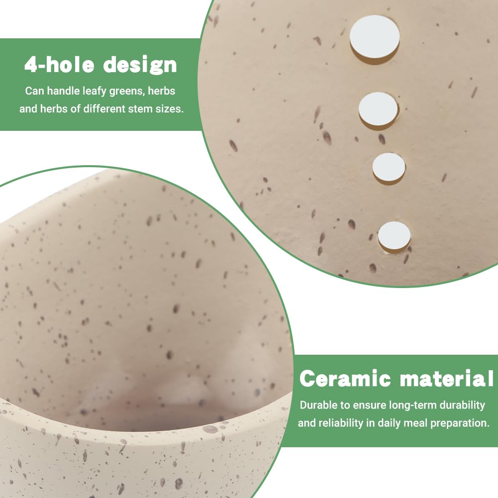 Pottery Herb Stripper Bowl, Handmade Herb Stripper Ceramic Bowl with 4-Slot Different Hole Sizes for Kale, Herbs & Broccoli, Efficient Peeling Off the Leafy Assembly(White)