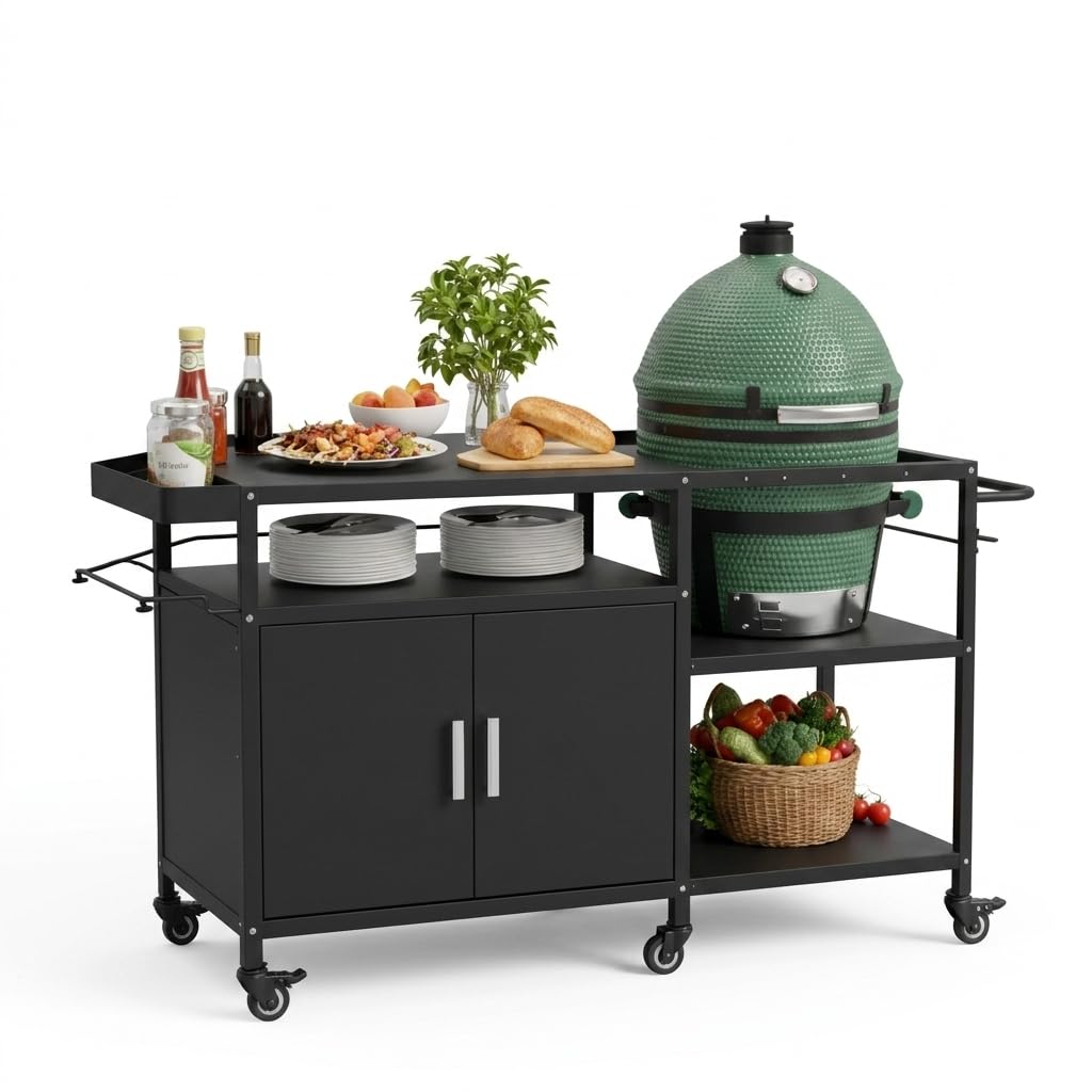 Mobile Grill Cart Compatible with Big Green Egg, Heavy Duty Metal Grill Table for Large/Medium Ceramic Charcoal Grills, Outdoor Kitchen Island Prep Station with Storage Cabinet, 6 Wheels