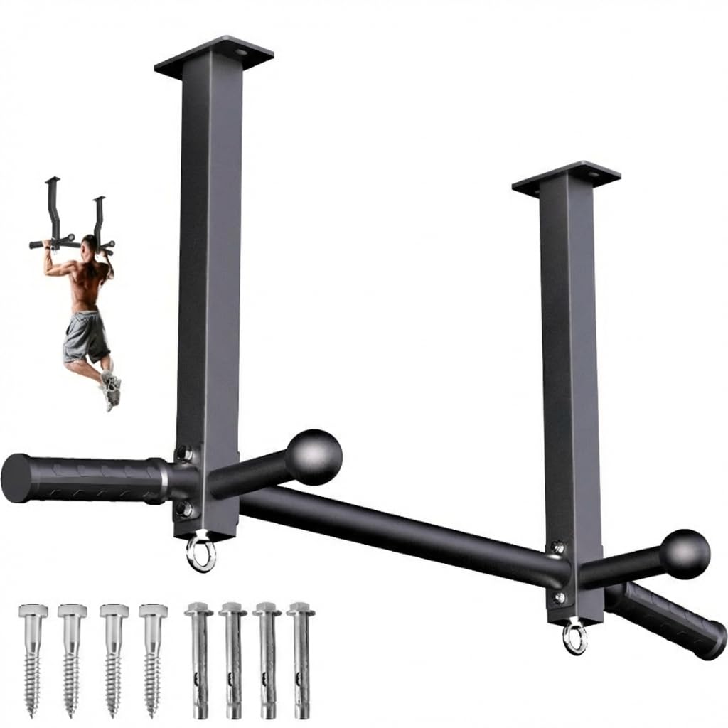 HWOOUSA Pull Up Bar Ceiling Mount, 600LBS Heavy Duty Multi Grip Chin Up Bar, 16" Rafter PullUp Bar, Ceiling Beam for Gym/Garage/Basement with Ball Finger & Round Anchors, Easy to Install-Black